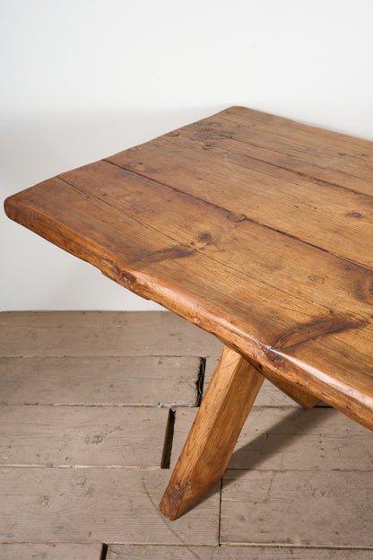 19th Century waney edged pine X frame tavern table - TallBoy Interiors