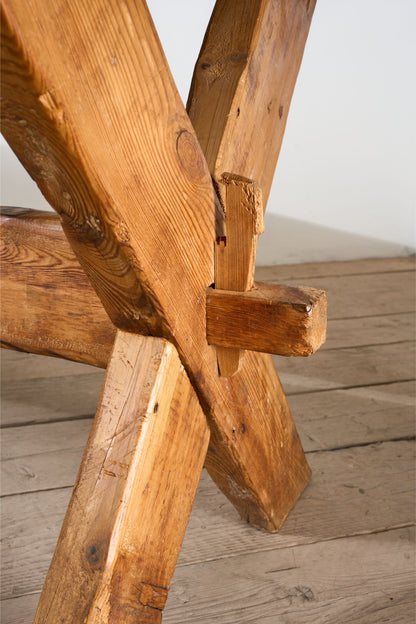 19th Century waney edged pine X frame tavern table - TallBoy Interiors