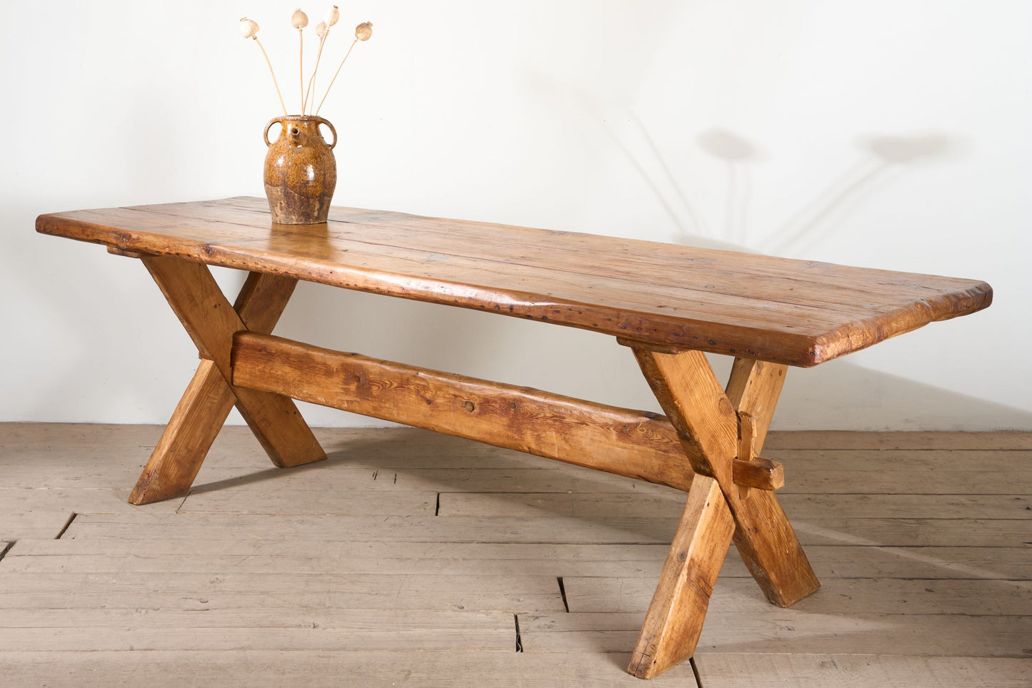 19th Century waney edged pine X frame tavern table - TallBoy Interiors