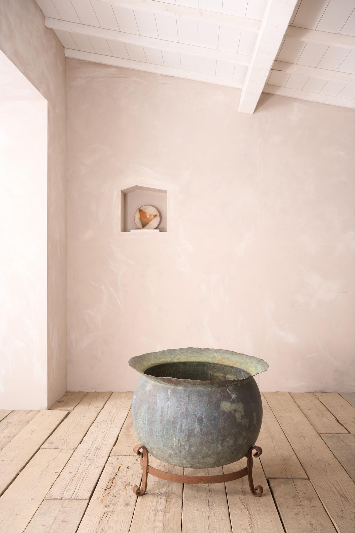 Large 19th century verdigris copper vat on iron stand - TallBoy Interiors