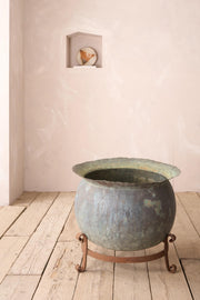 Large 19th century verdigris copper vat on iron stand - TallBoy Interiors