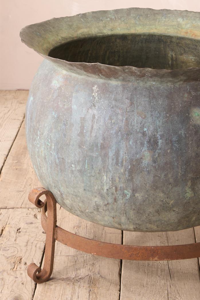 Large 19th century verdigris copper vat on iron stand - TallBoy Interiors