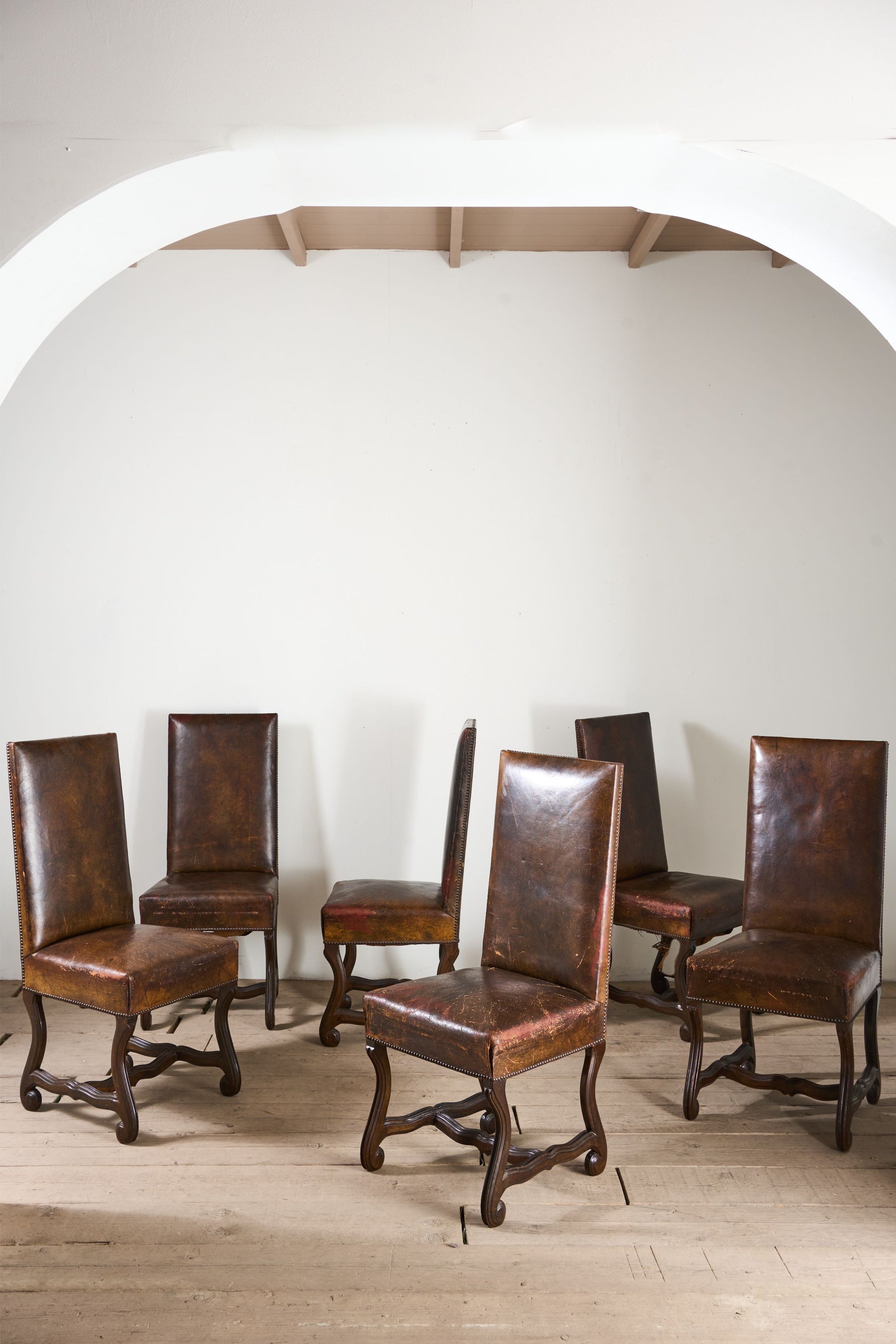 Set of 6 19th century Spanish leather dining chairs - TallBoy Interiors