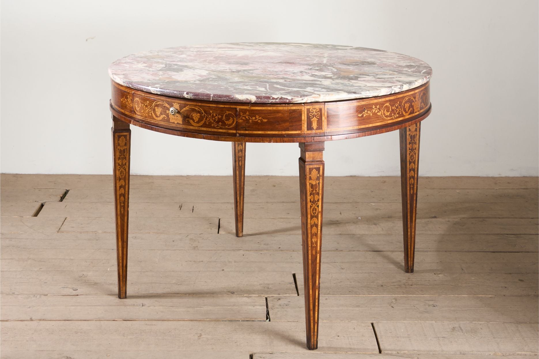 Large 19th Century Inlaid Italian circular table with purple marble - TallBoy Interiors