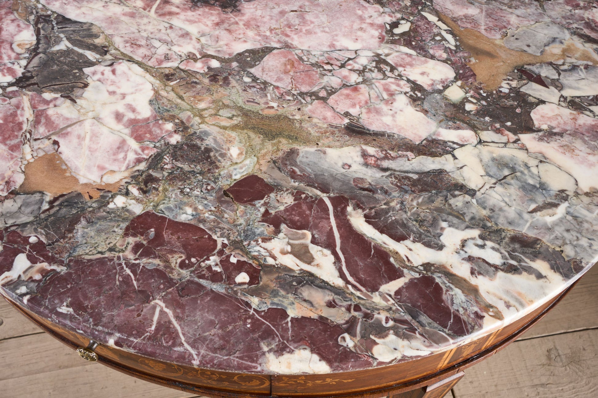 Large 19th Century Inlaid Italian circular table with purple marble - TallBoy Interiors