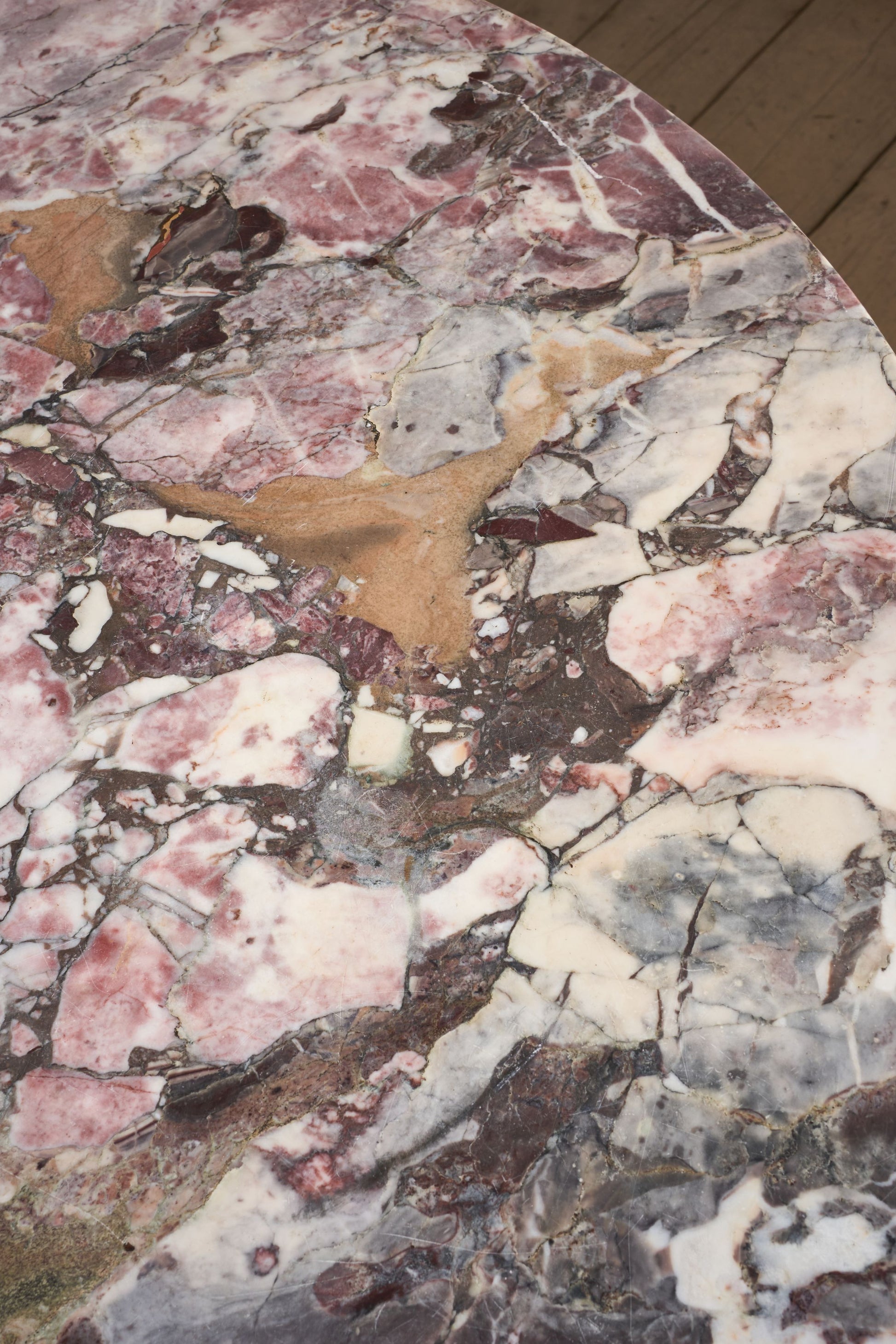 Large 19th Century Inlaid Italian circular table with purple marble - TallBoy Interiors