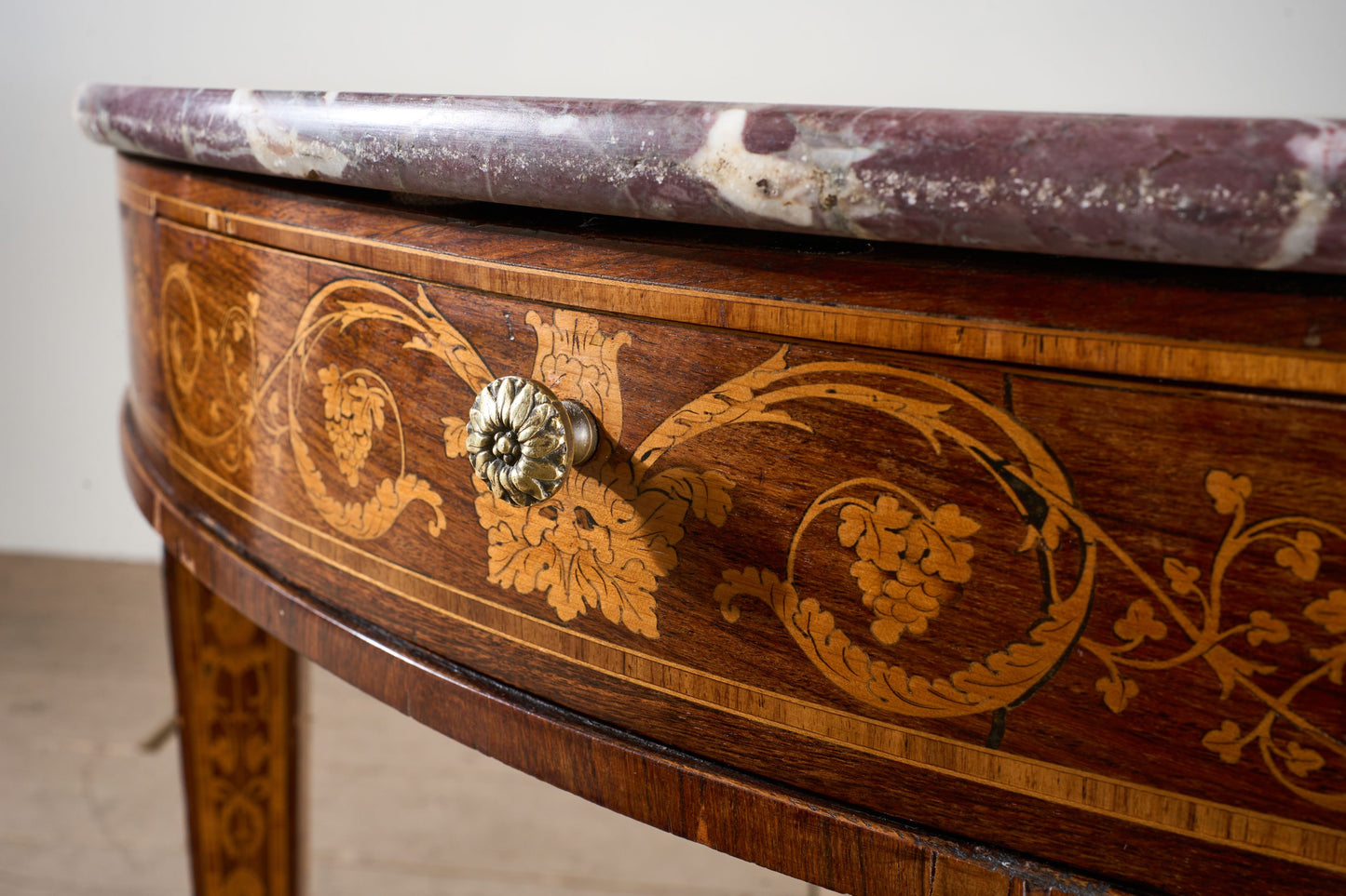 Large 19th Century Inlaid Italian circular table with purple marble - TallBoy Interiors