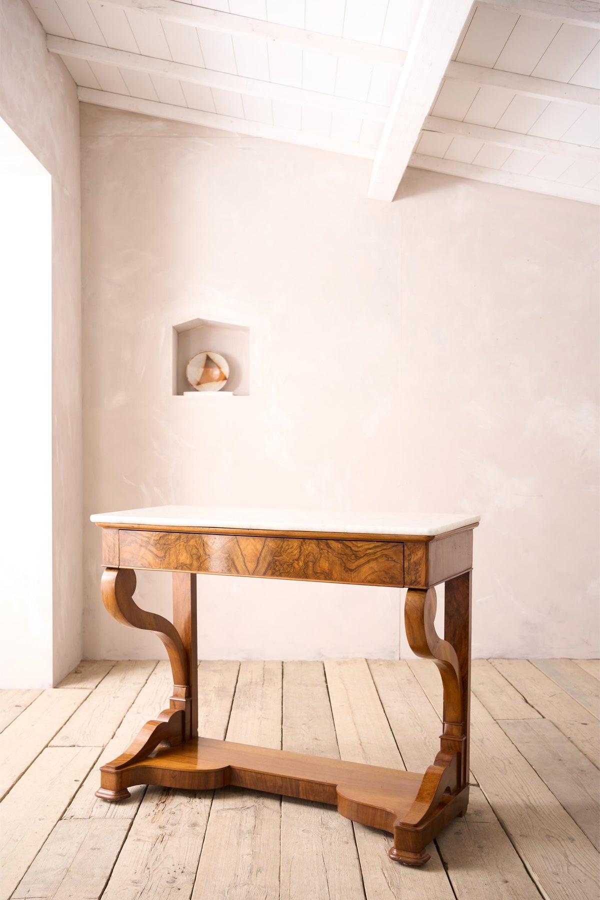 19th century walnut and white marble console table - TallBoy Interiors