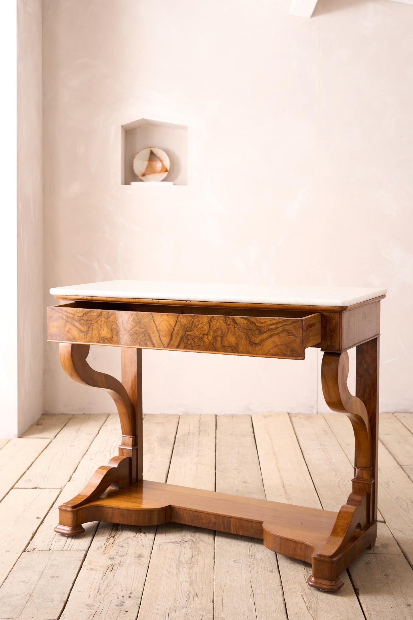 19th century walnut and white marble console table