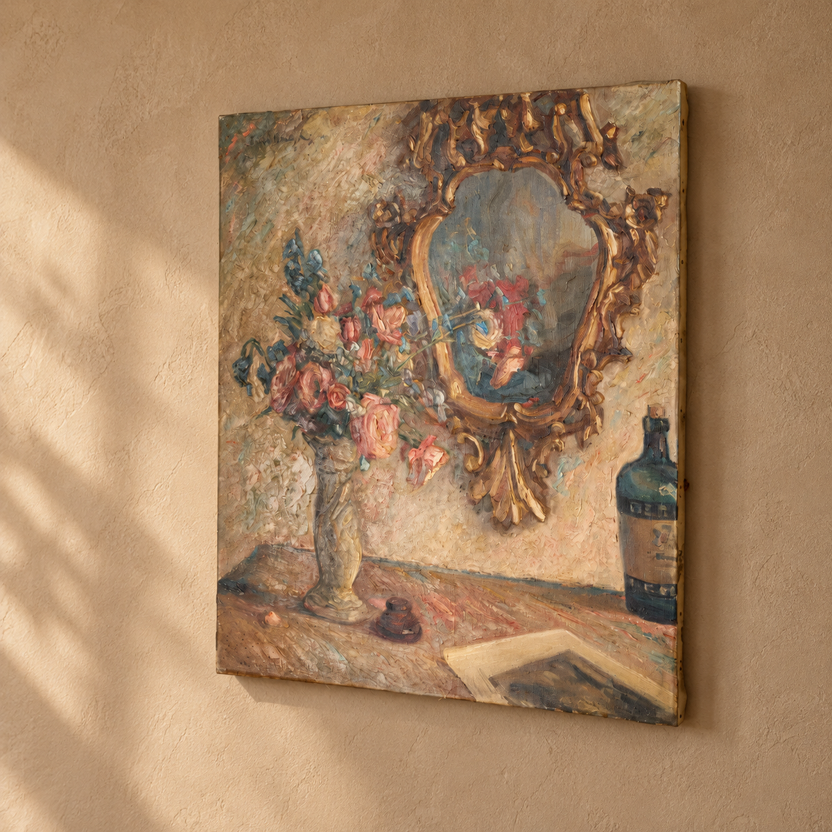 Early 20th century oil on canvas painting of a mirror with flowers - TallBoy Interiors