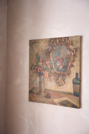 Early 20th century oil on canvas painting of a mirror with flowers