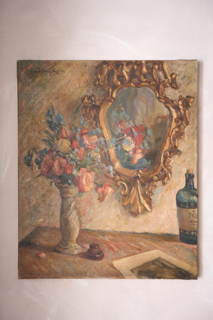 Early 20th century oil on canvas painting of a mirror with flowers