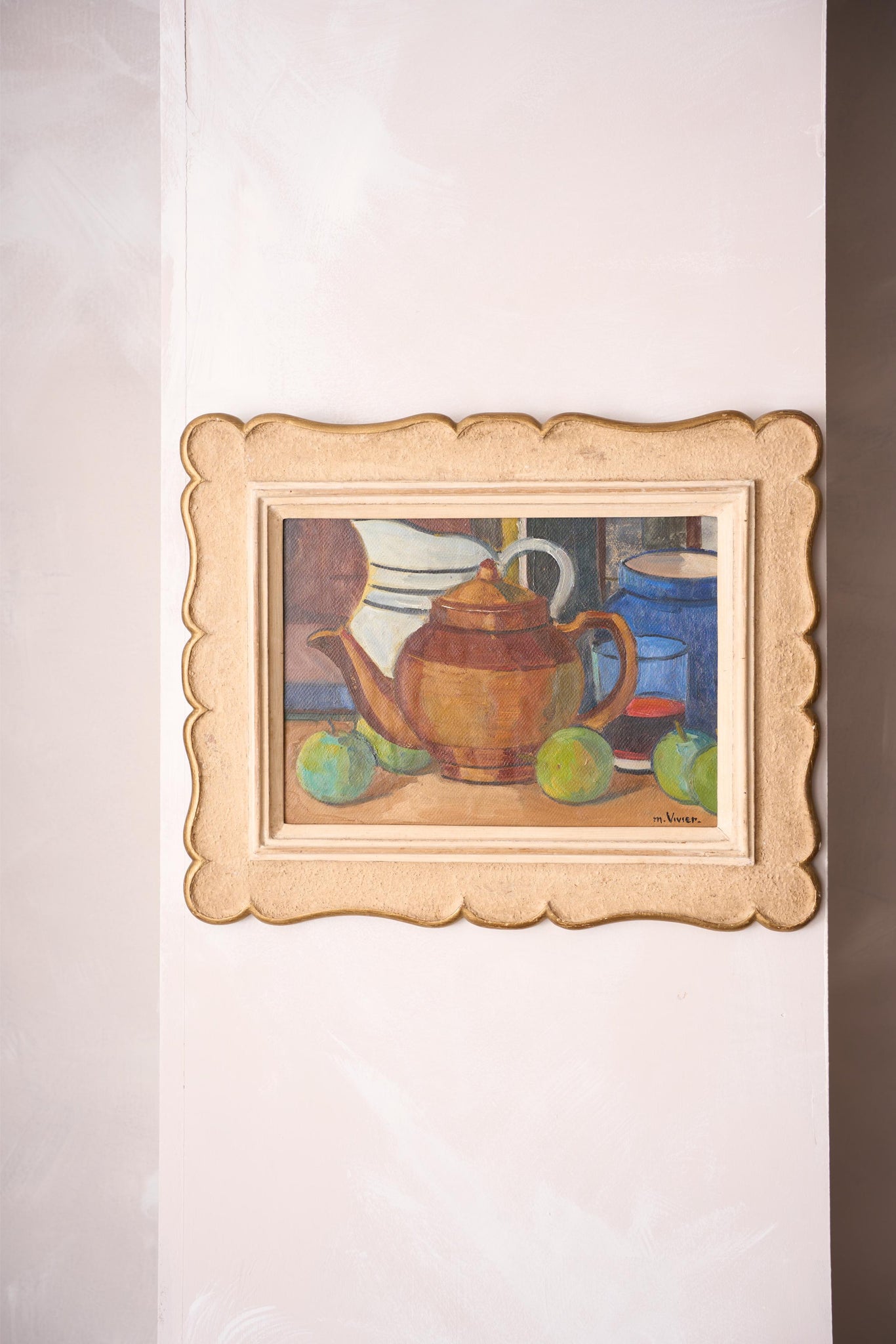 20th century painting on board of a teapot - M Vivier