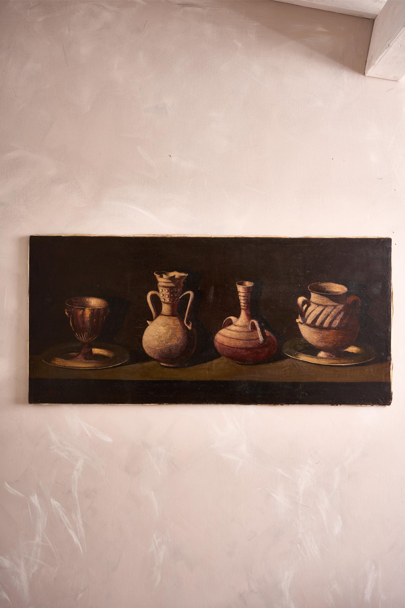 Large 20th century oil on canvas painting of 4 pots