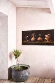 Large 20th century oil on canvas painting of 4 pots