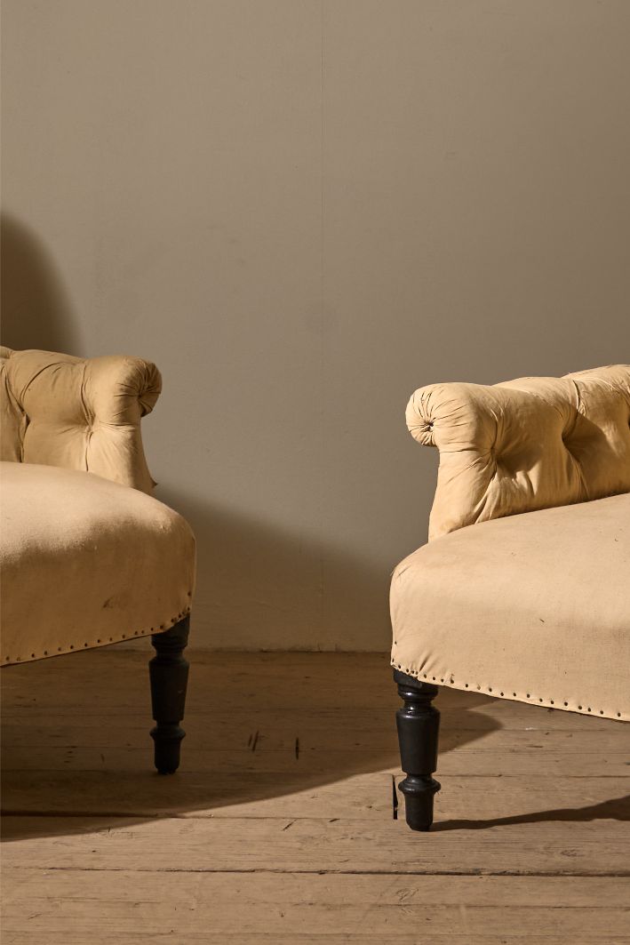 Pair of Napoleon III Buttoned curved back armchairs - TallBoy Interiors