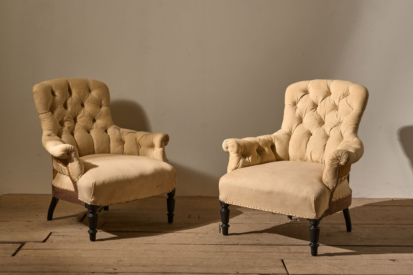 Pair of Napoleon III Buttoned curved back armchairs - TallBoy Interiors
