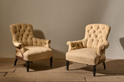 Pair of Napoleon III Buttoned curved back armchairs - TallBoy Interiors