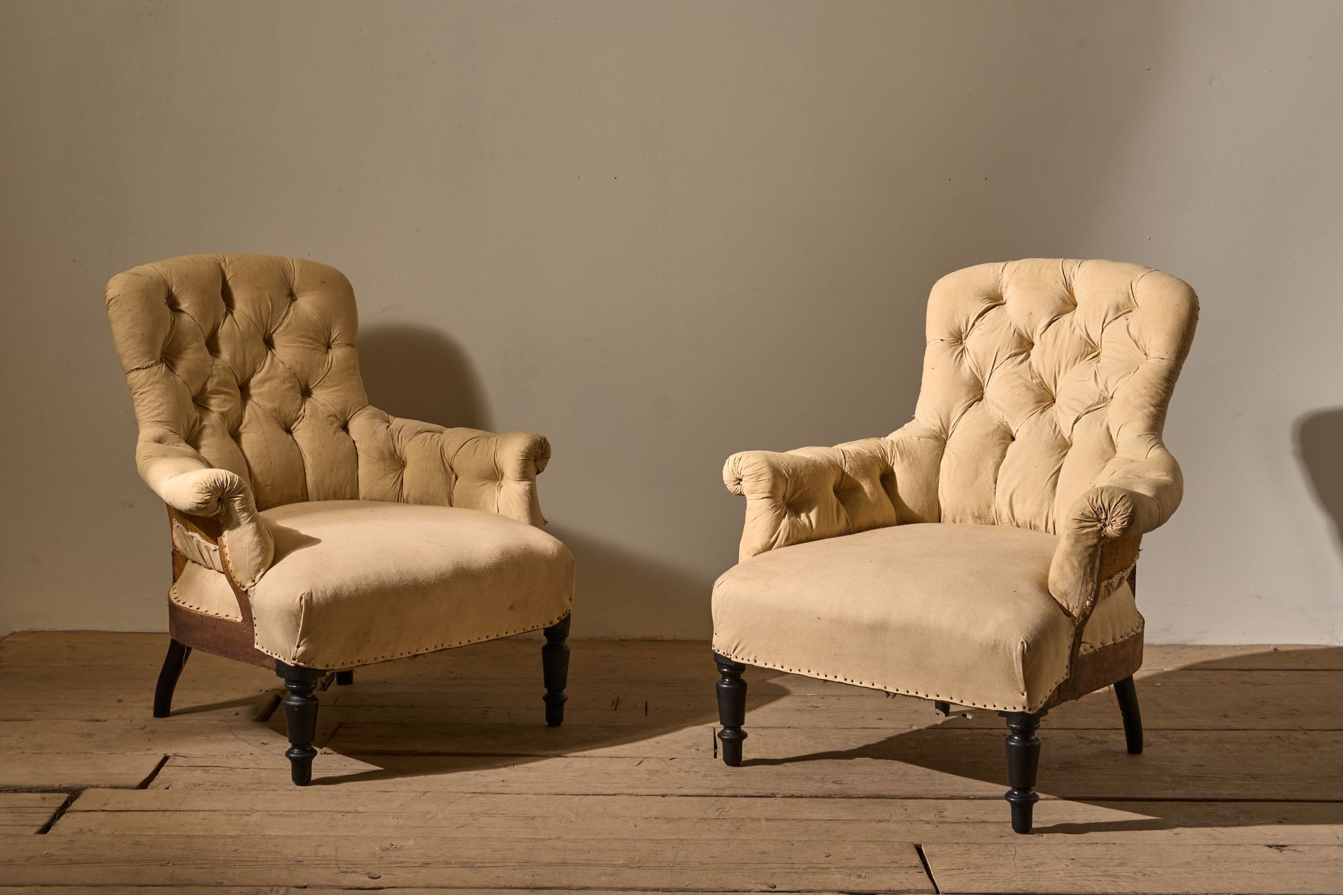 Pair of Napoleon III Buttoned curved back armchairs - TallBoy Interiors
