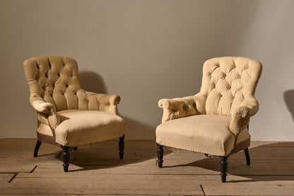 Pair of Napoleon III Buttoned curved back armchairs - TallBoy Interiors