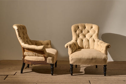 Pair of Napoleon III Buttoned curved back armchairs - TallBoy Interiors