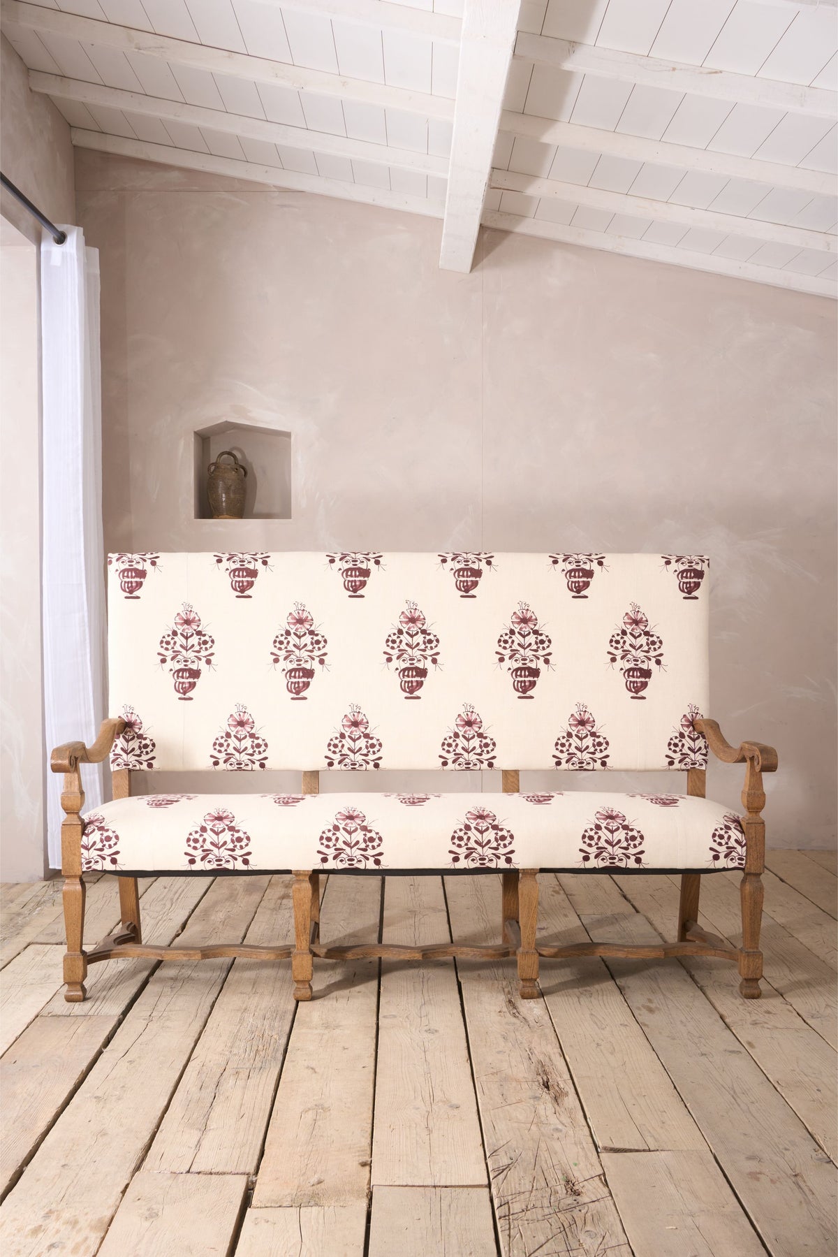 19th century French oak bench upholstered in Vaas by Emma Grant - TallBoy Interiors