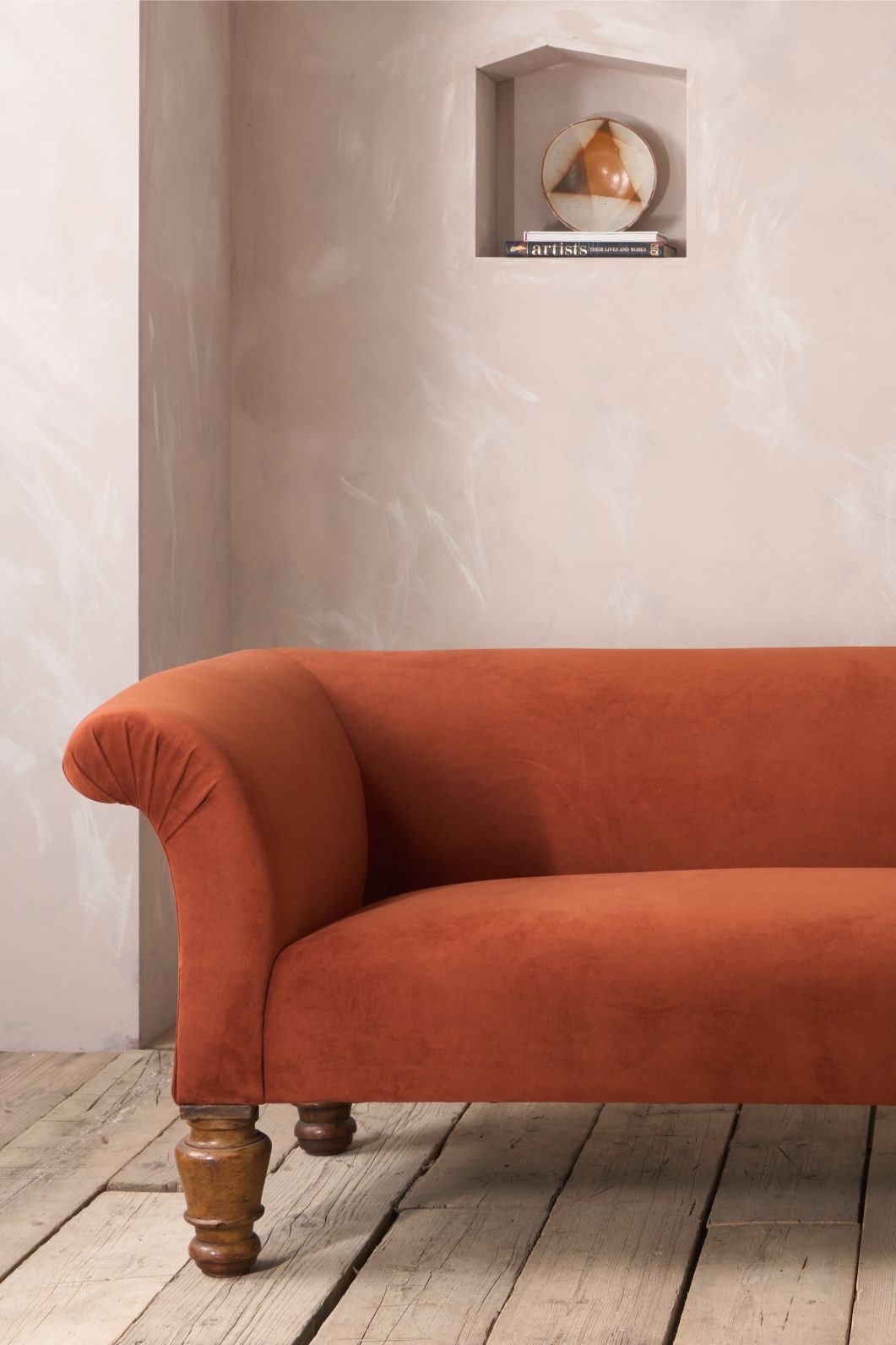 Victorian country house sofa in rust velvet