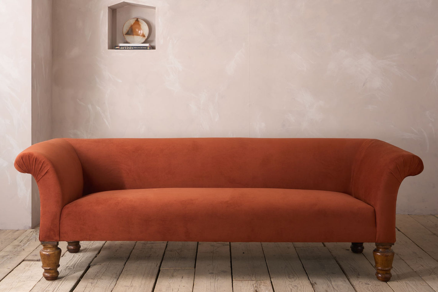 Victorian country house sofa in rust velvet