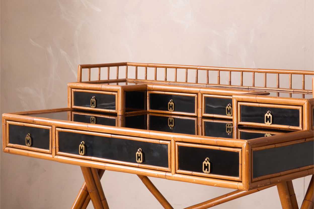 20th century Bamboo and black lacquer desk by E Murio