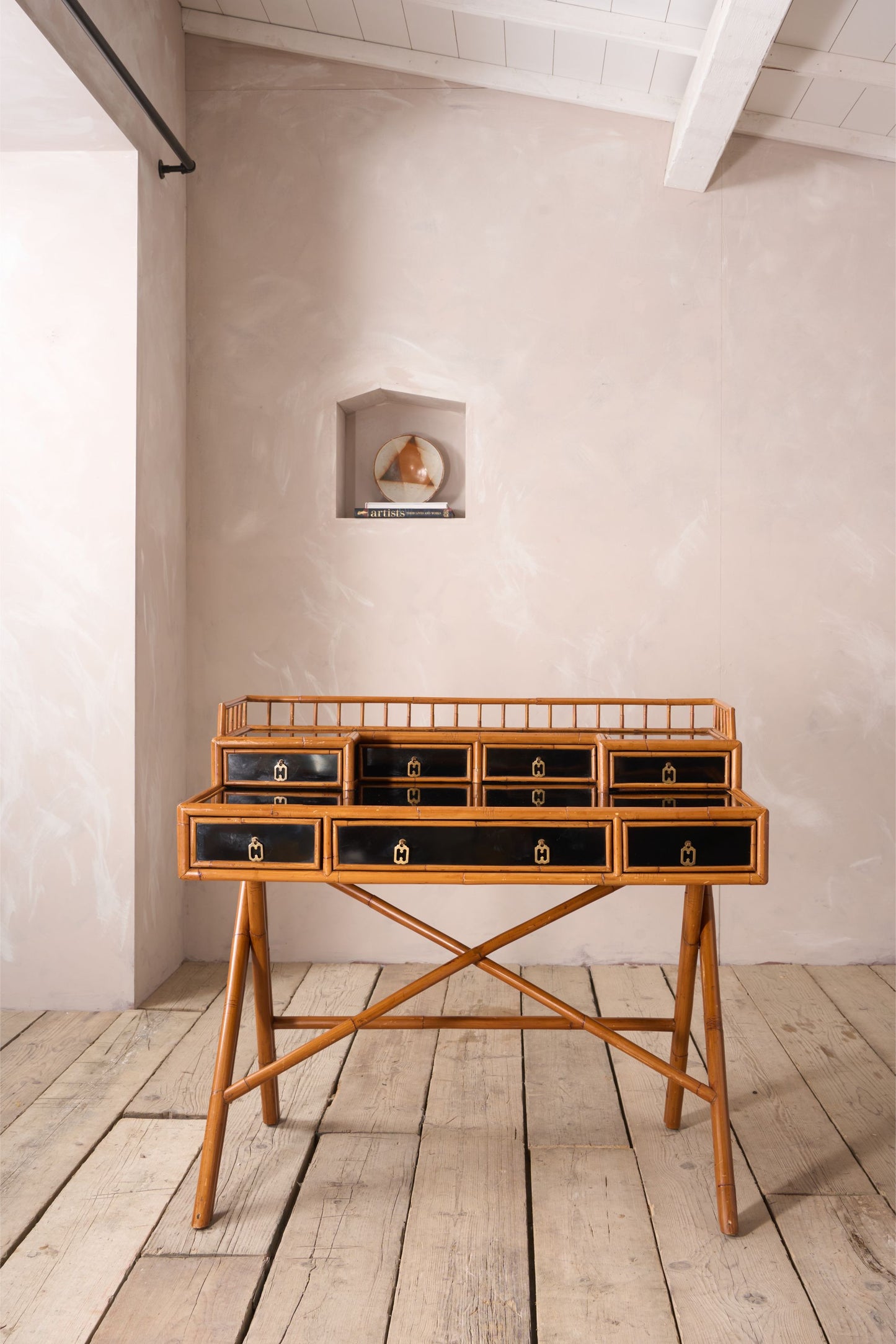20th century Bamboo and black lacquer desk by E Murio