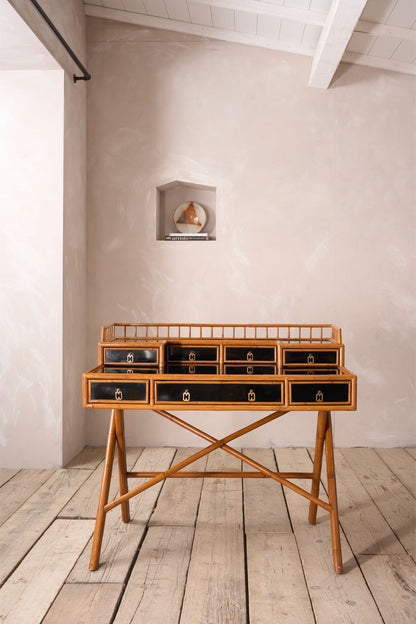 20th century Bamboo and black lacquer desk by E Murio