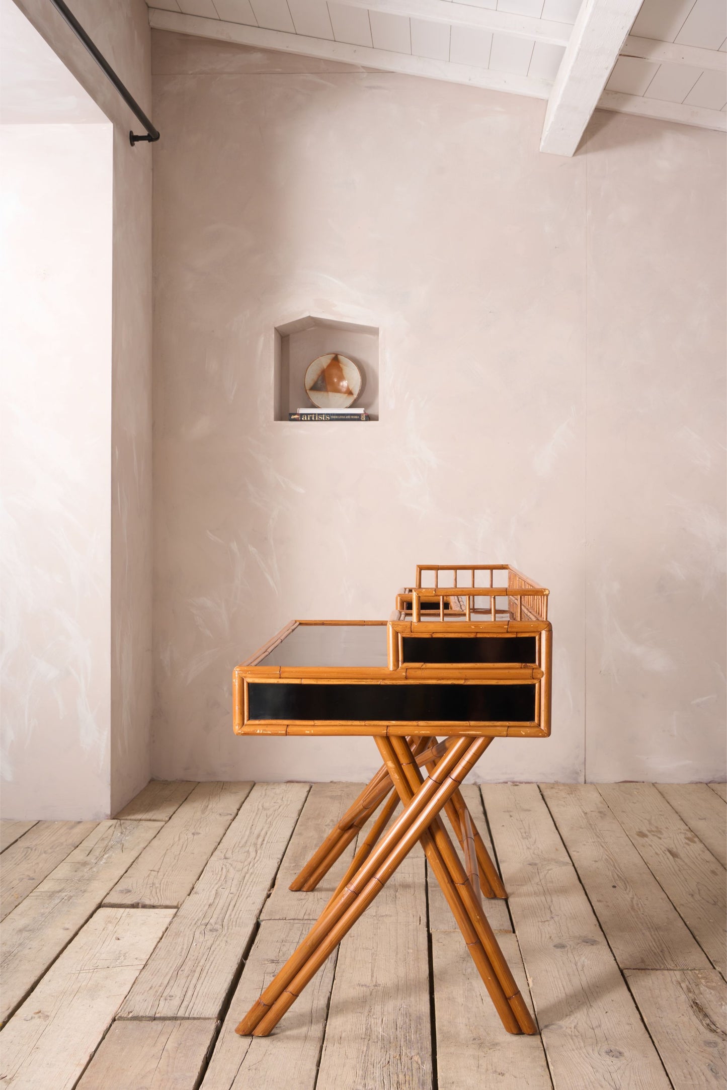 20th century Bamboo and black lacquer desk by E Murio