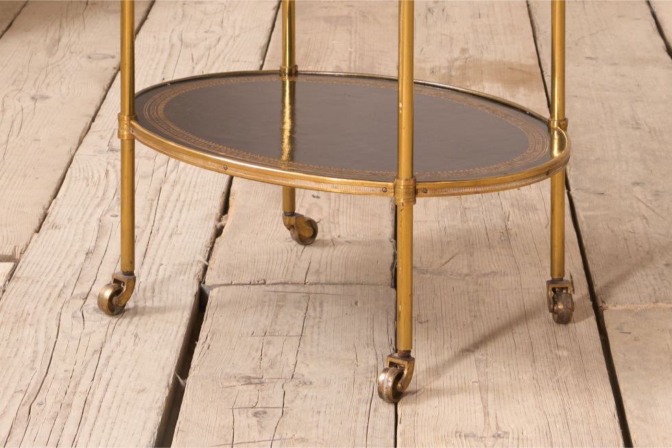 1930's Black leather and brass two tiered drinks table