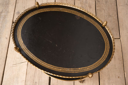1930's Black leather and brass two tiered drinks table