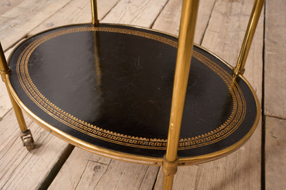 1930's Black leather and brass two tiered drinks table