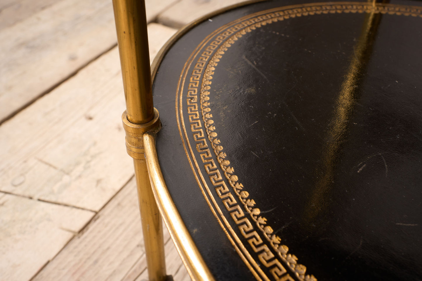 1930's Black leather and brass two tiered drinks table