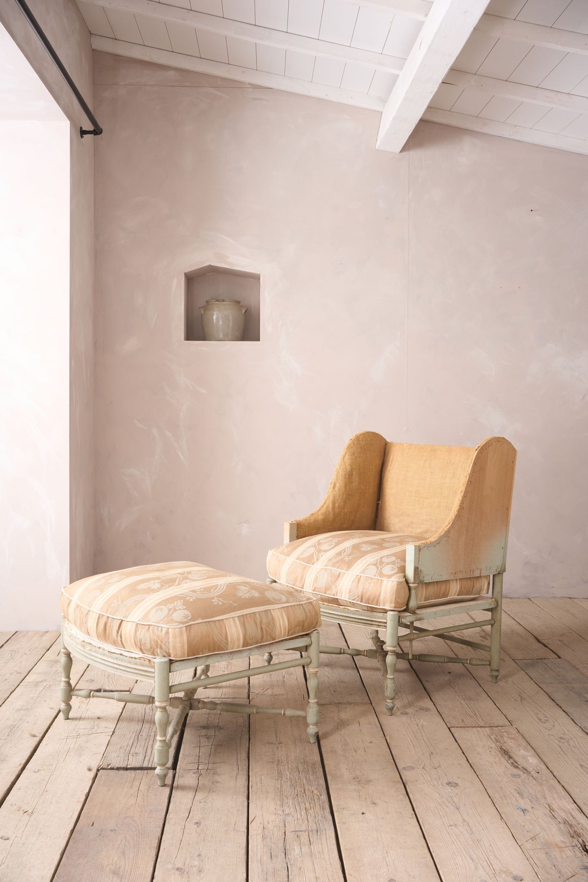 Early 20th century Painted frame wingback armchair with matching footstool - TallBoy Interiors
