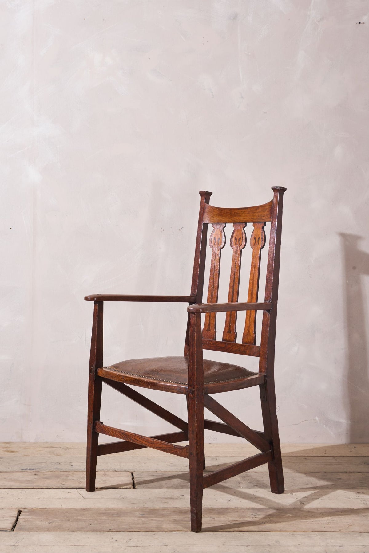 Arts and crafts oak and leather desk chair - TallBoy Interiors