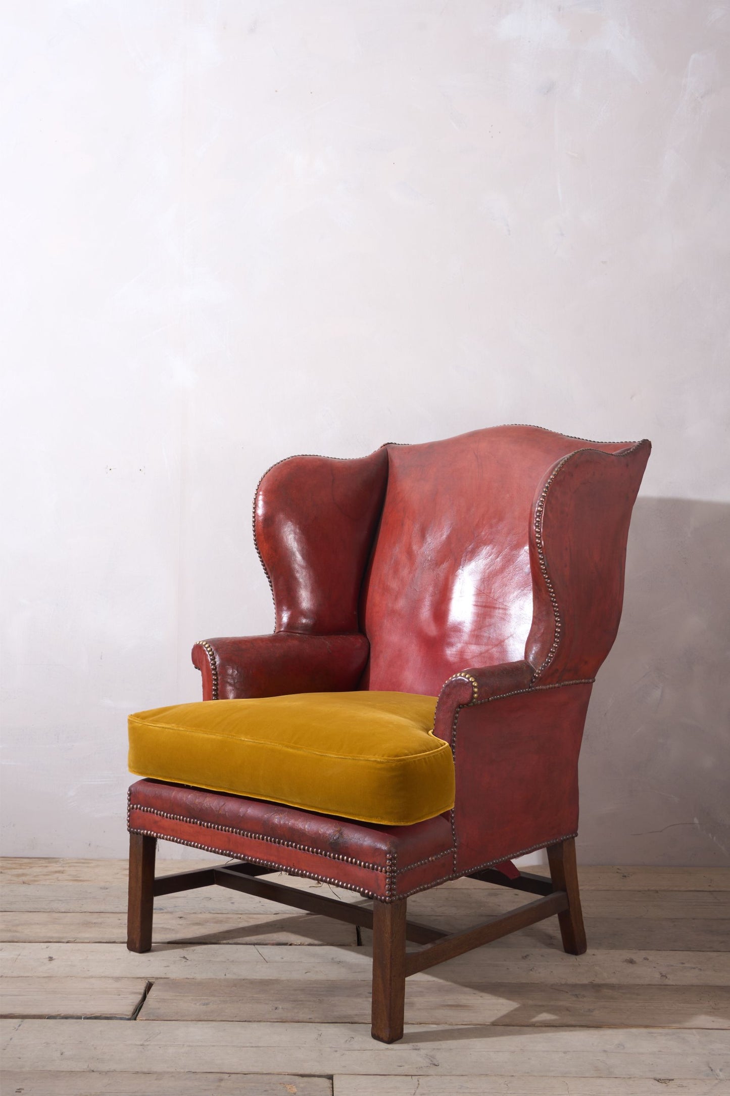 19th Century Red Leather Wingback Armchair