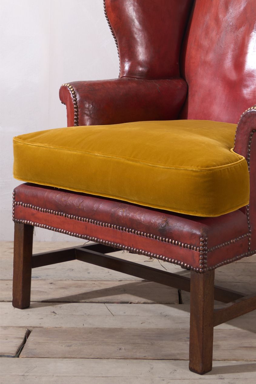 19th Century Red Leather Wingback Armchair