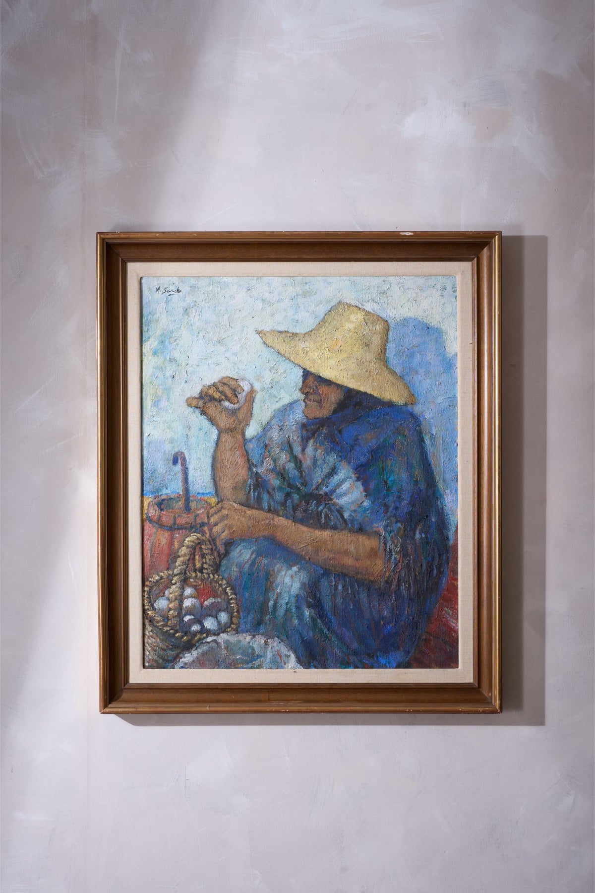 20th Century Oil On Canvas Of A Lady Selling Eggs- M Sancho - TallBoy Interiors