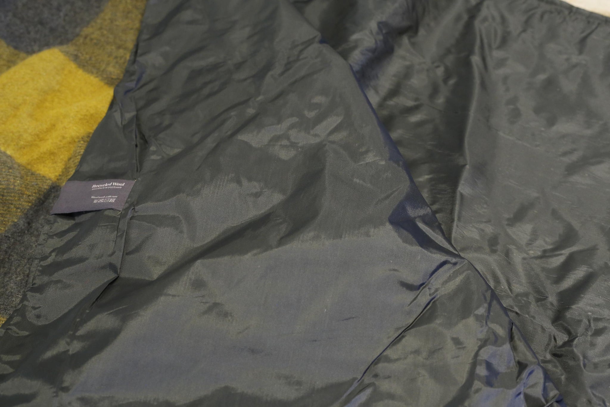 Recycled Wool Waterproof Picnic Blanket in yellow grey tartan