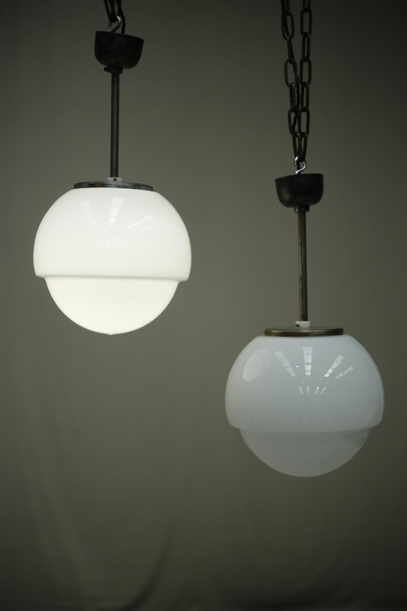 Run of 8 mid 20th century opaline pendant lights