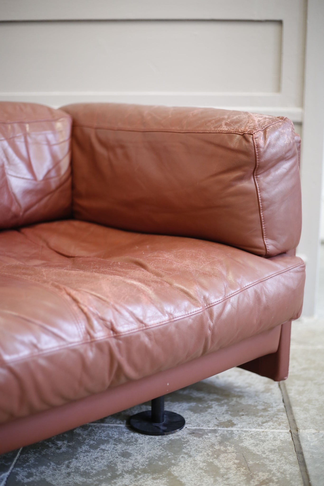 Large mid 20th century red leather sofa - TallBoy Interiors