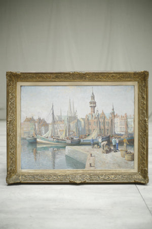 20th century Oil on canvas painting by Arthur Bateman - Harbour in Ostend