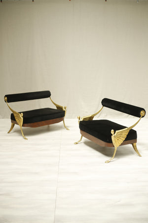 Very stylish pair of 20th brass and velvet sofas - TallBoy Interiors