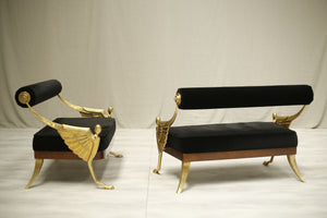 Very stylish pair of 20th brass and velvet sofas - TallBoy Interiors