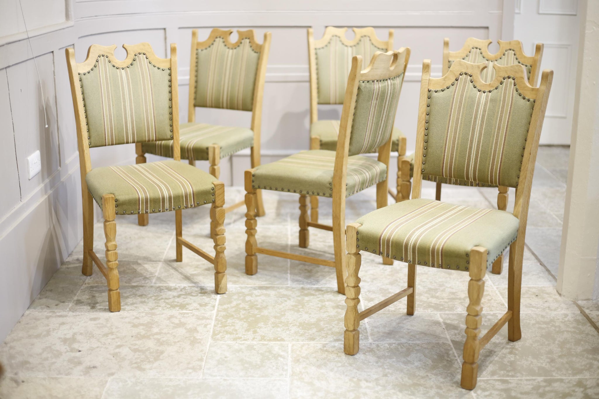 Set of 6 oak mid century brutalist dining chairs - TallBoy Interiors