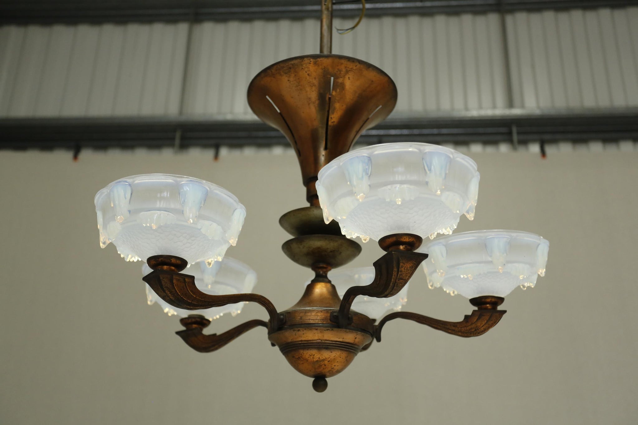Art deco Copper chandelier with vaseline glass shades- 5 arm