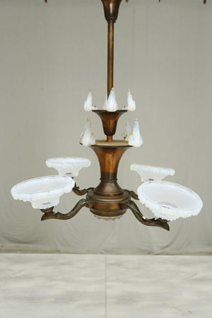Art Deco copper chandelier with vaseline glass shades- 4 arms